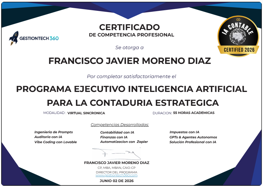 Certificado de competencia profesional — IA para la Contaduría Estratégica, 55 horas académicas