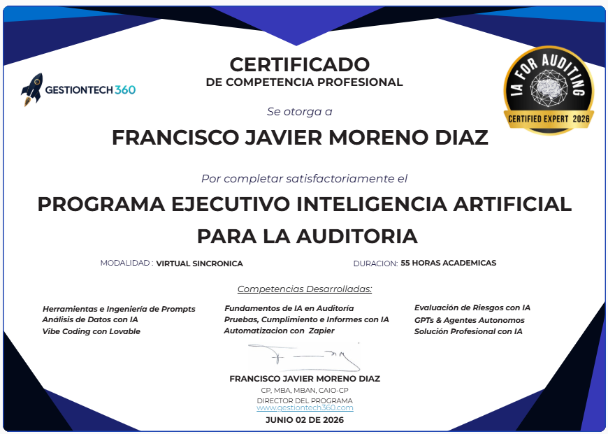 Certificado de competencia profesional — IA para la Auditoría, 55 horas académicas
